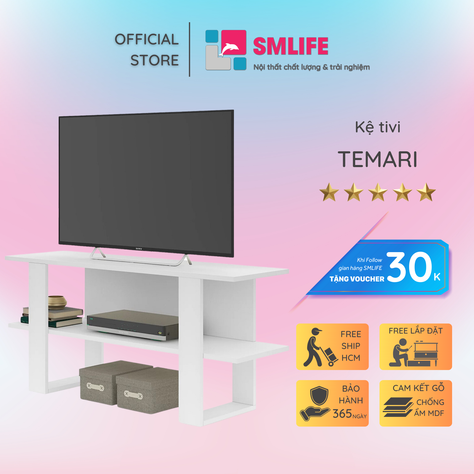 Kệ tv gỗ phòng ngủ dạng thấp smlife temari