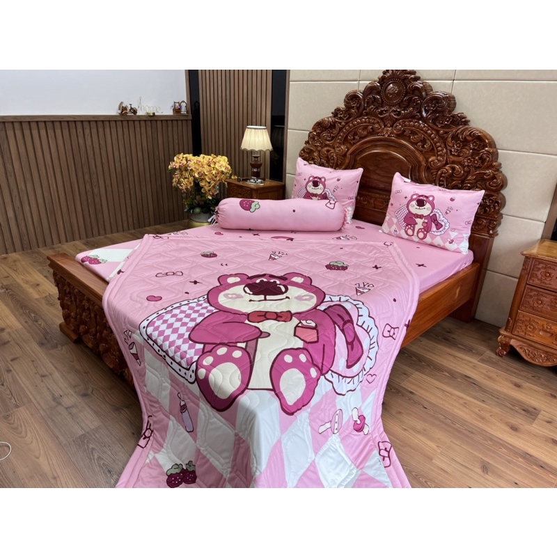 Bộ ga gối gấu dâu ( gấu Lotso ) thun mát lạnh 5D
