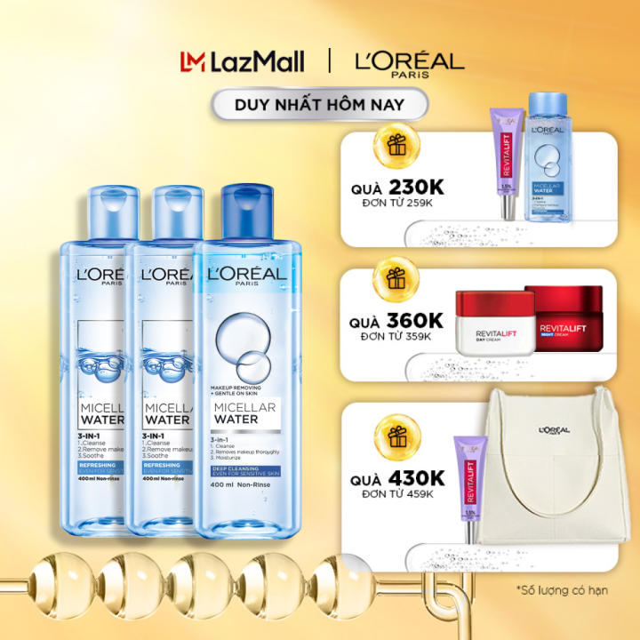 Bộ 3 nước tẩy trang đa năng 3-in-1 L’Oreal Paris Micellar sạch sâu và tươi mát