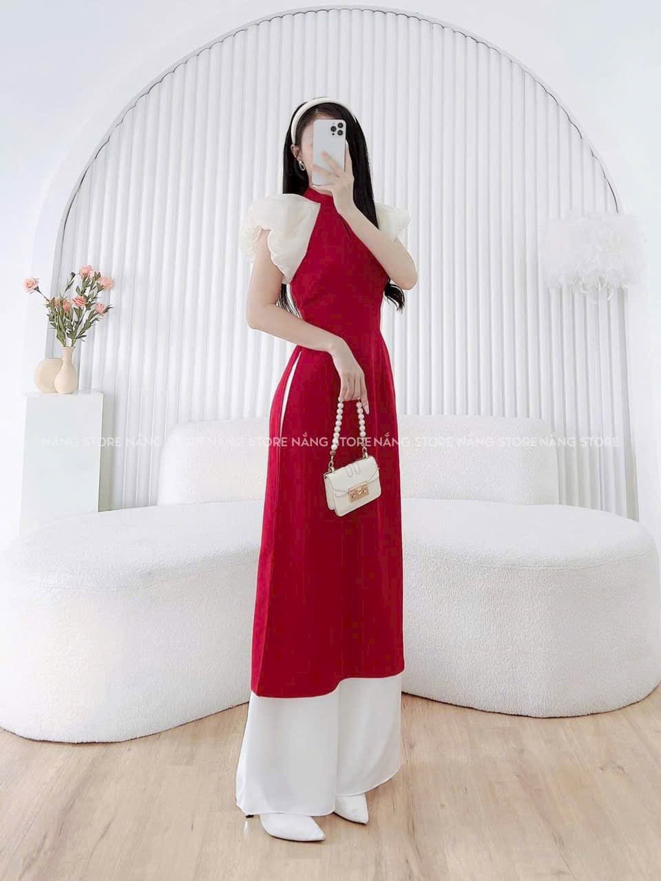 Set Áo Dài Cách Tân Chất Nhung Quần Lụa Du Xuân Tết (Set Gồm Áo Và Quần)