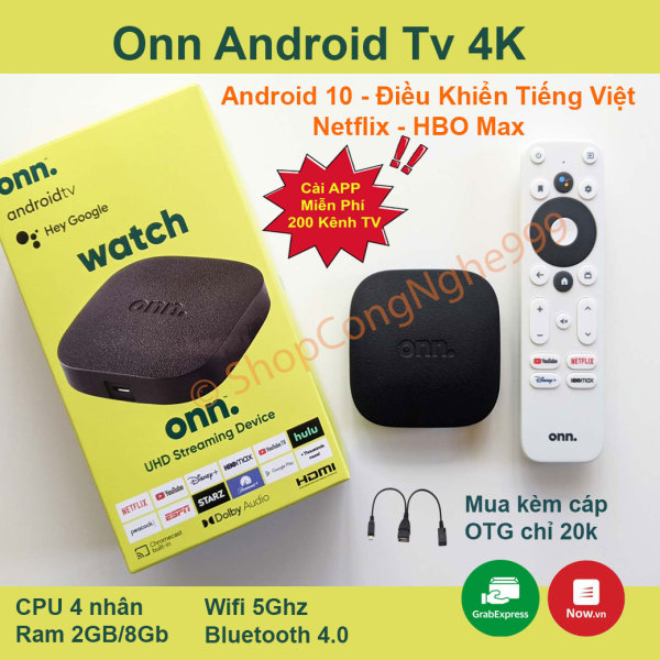 Android Tivi Box Onn Android Box TV Android 10 remote ra lệnh Tiếng Việt phát 4K UHD HDR Google Cast Chrome Cast Netflix
