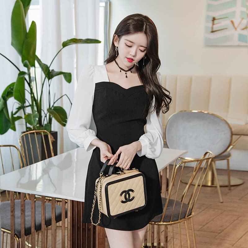 Đầm suông cổ vuông phối 2 màu đen trắngxinh xắn TTSA0097