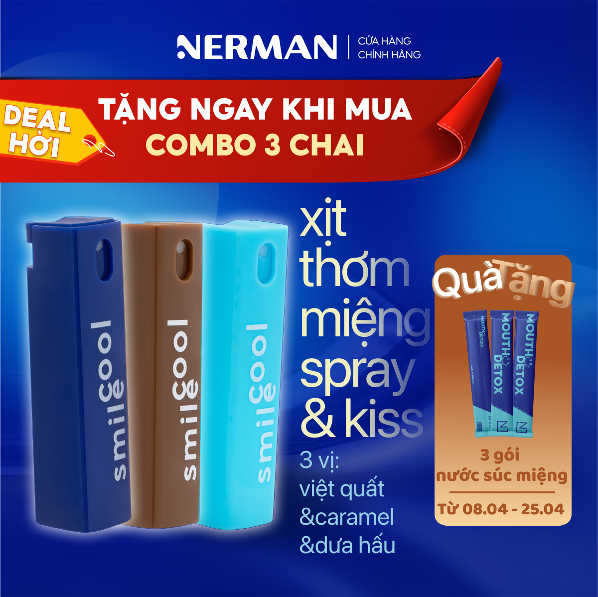 Xịt thơm miệng Spray & Kiss Nerman vị kẹo hoa quả bạc hà the mát cho nam nữ chai 10ml