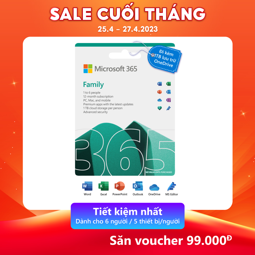 Phần mềm Microsoft 365 Family | 12 tháng | Dành cho 6 người| 5 thiết  bị/người | Trọn bộ ứng dụng Office | 1TB lưu trữ OneDrive 