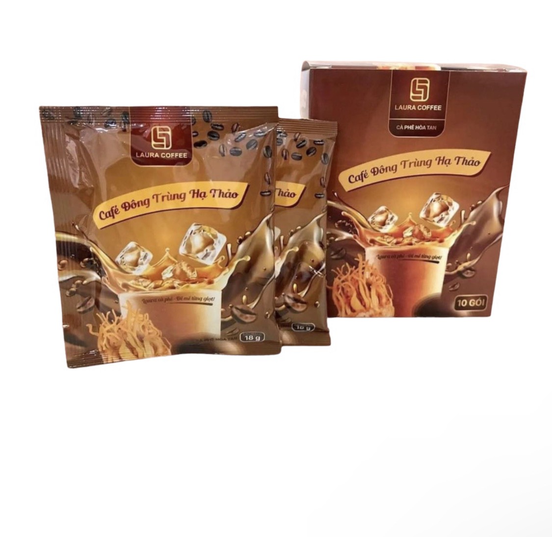 Cà phê đông trùng hạ thảo Nhật Kim Anh cafe sữa hoà tan Laura Coffee hộp 10 gói