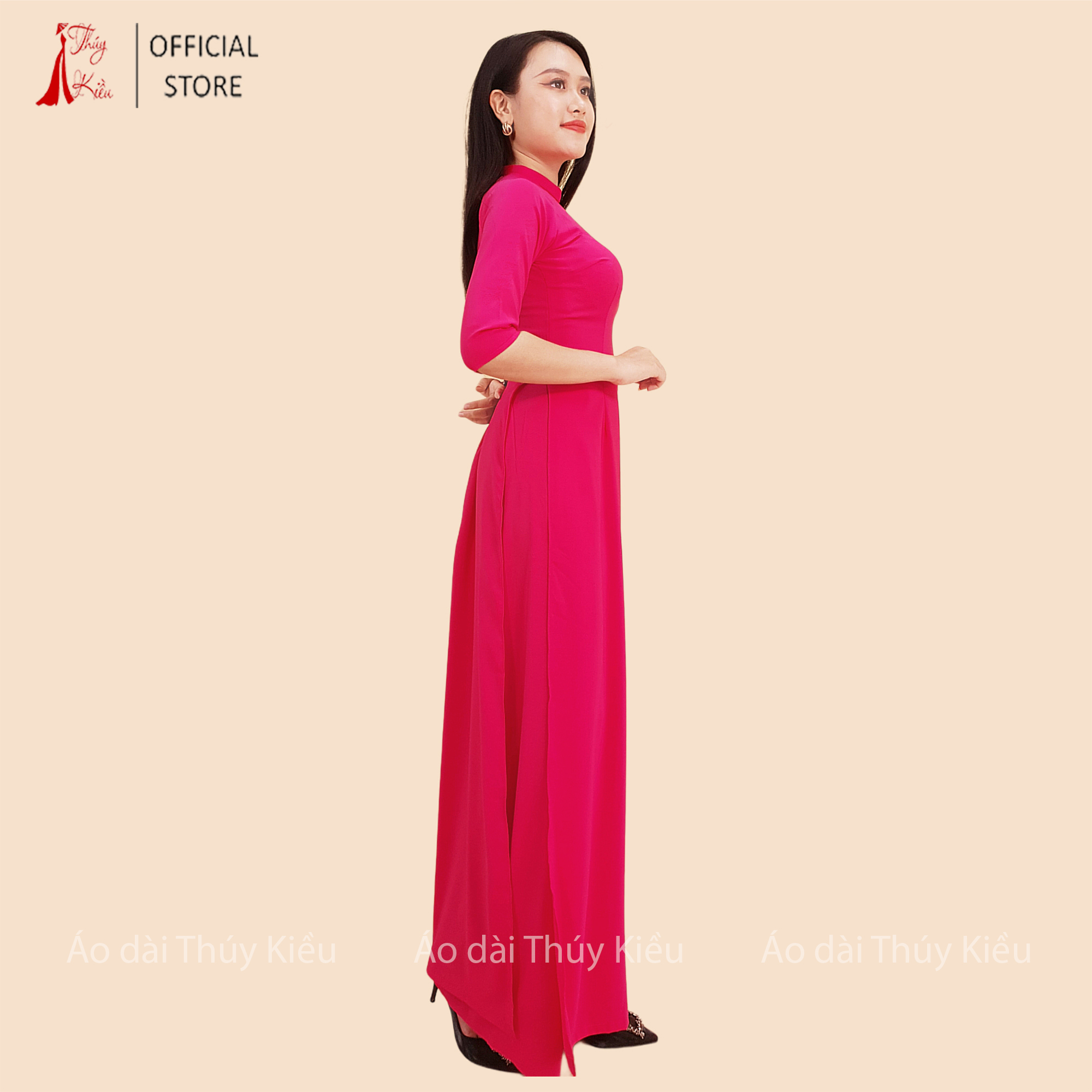 Áo dài trơn lụa Nhật cổ 2 phân màu hồng đậm AK11