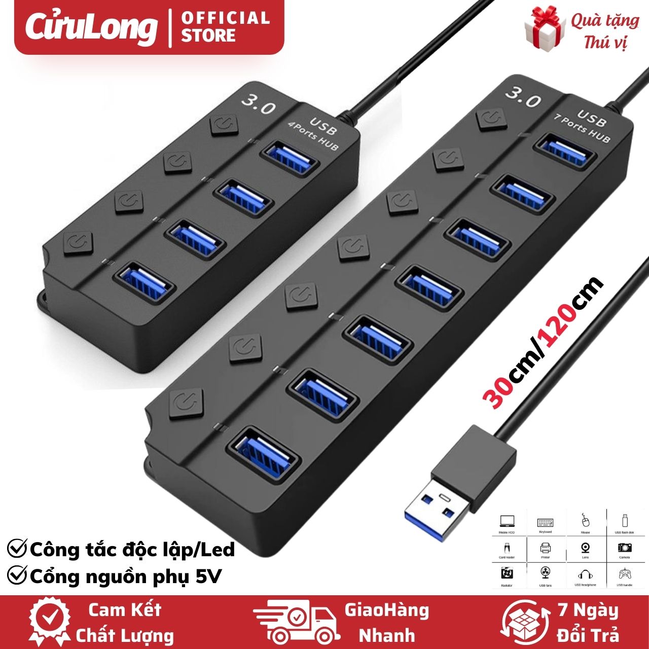 Hub Chia Cổng USB Trung Tâm 3.0 Type-C – Bộ chia USB OTG chuyển đổi có công tắc nguồn Led - Tốc độ cao 5Gbps