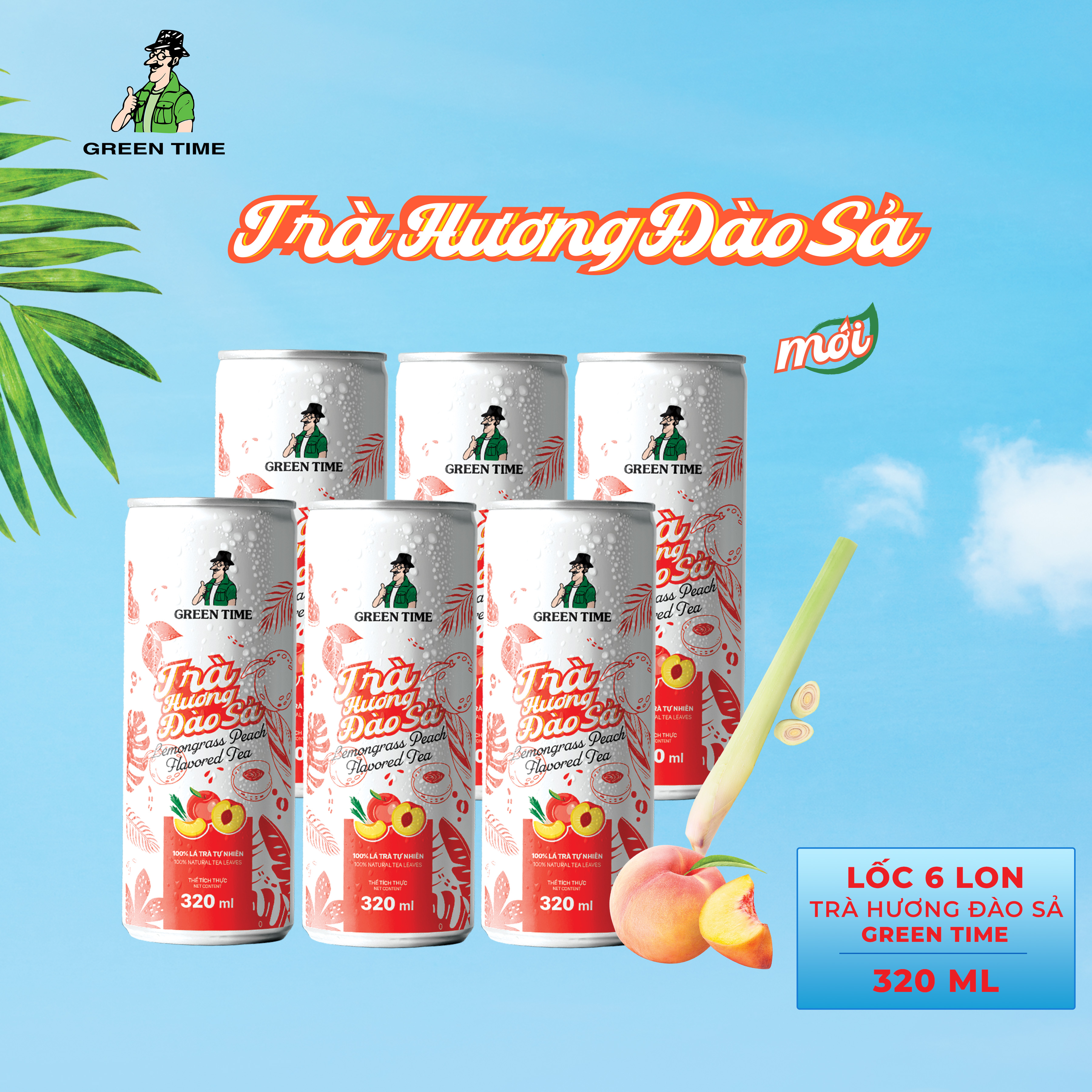 Lốc 6 lon Trà Hương Đào Sả Green Time (320ml)