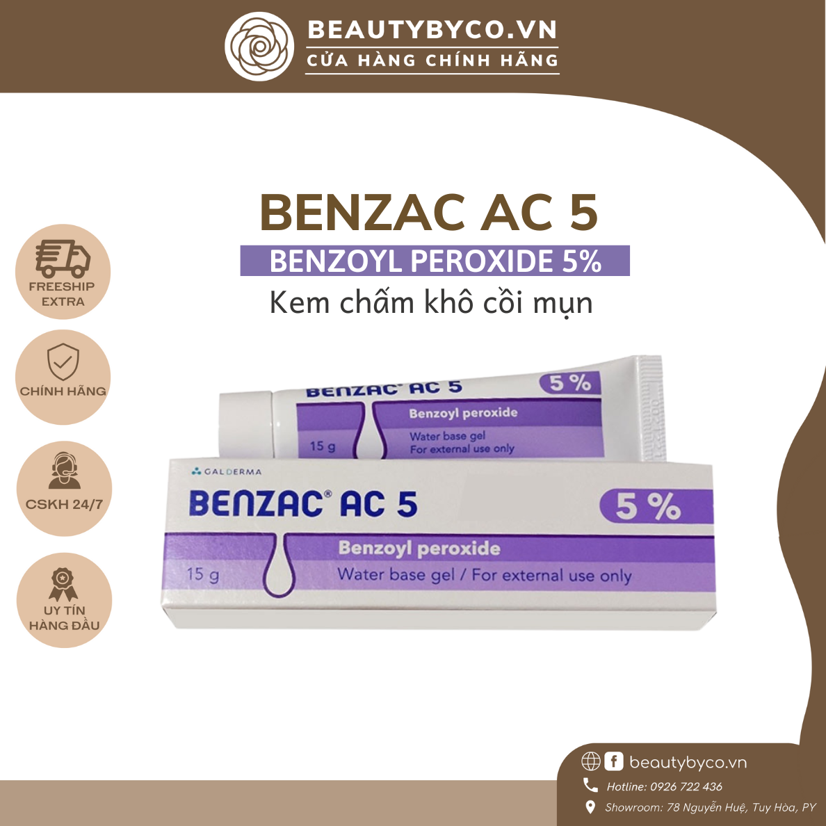Kem bôi mụn Benzac Ac 5% benzoyl peroxide chấm khô cồi mụn