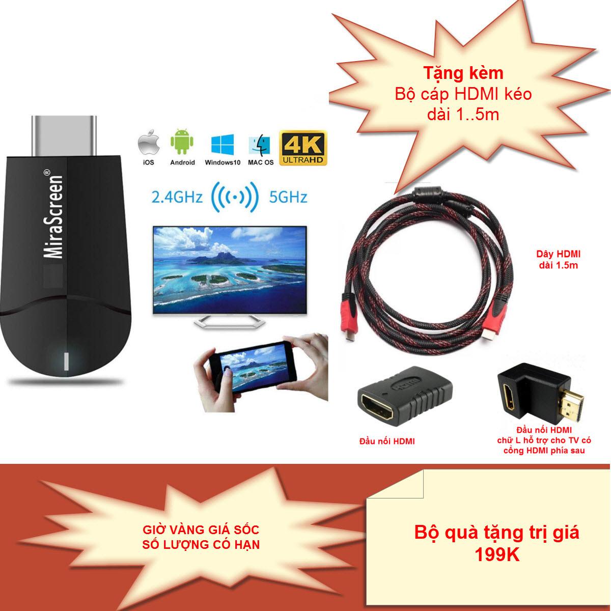 Mira Screen K6  Kết nối HDMI không dây từ Iphone/Galaxy/Note ra Tivi - Chất lượng hình ảnh cực đỉnh + Bộ cáp HDMI kéo dài 1.5m tăng khả năng thu sóng cho thiết bị (Cáp HDMI1.5m + Đầu nối HDMI + Đầu nối HDMI chữ L)