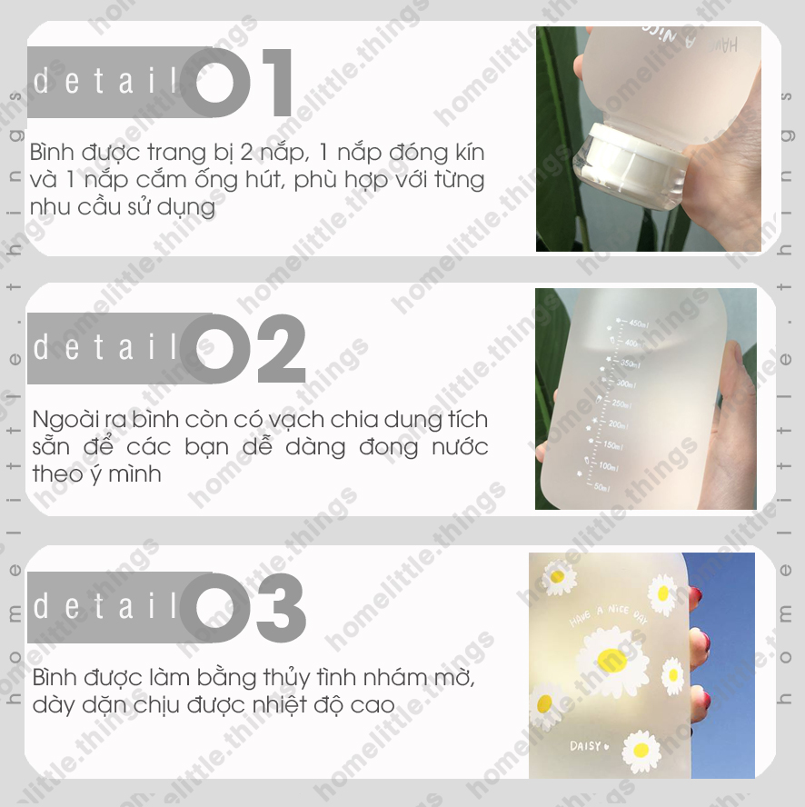 Bình, ly thủy tinh đựng nước in hình cúc họa mi
