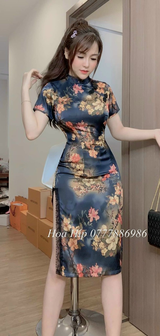 [HCM]Đầm Họa Tiết Hoa 3D Chất Thun DẻoCổ Tàu Chân Váy Sẻ Phối Ren Thả Dáng Siêu Xinh .QC