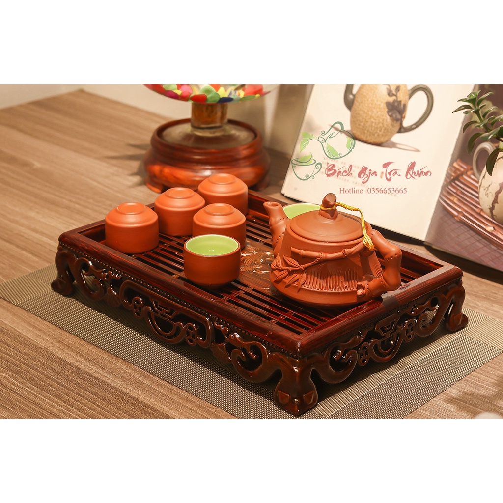 Bộ ấm chén gốm tử sa nâu đỏ kèm khay - hàng cao cấp bát tràng loại 1 - ấm trúc vuông đắp nổi - acbt04b