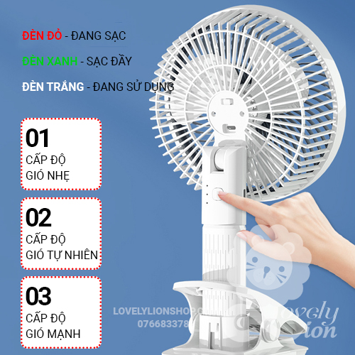 (có sẵn)Quạt sạc tích điện cánh quạt lớn 3 cấp độ gió(để bàn,kẹp,treo hoặc cầm tay)
