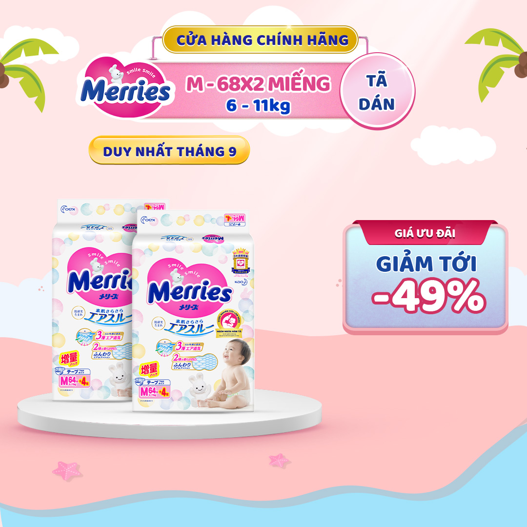 [GIẢM TỚI 49%] Thùng 2 Tã dán Merries cộng miếng size M68