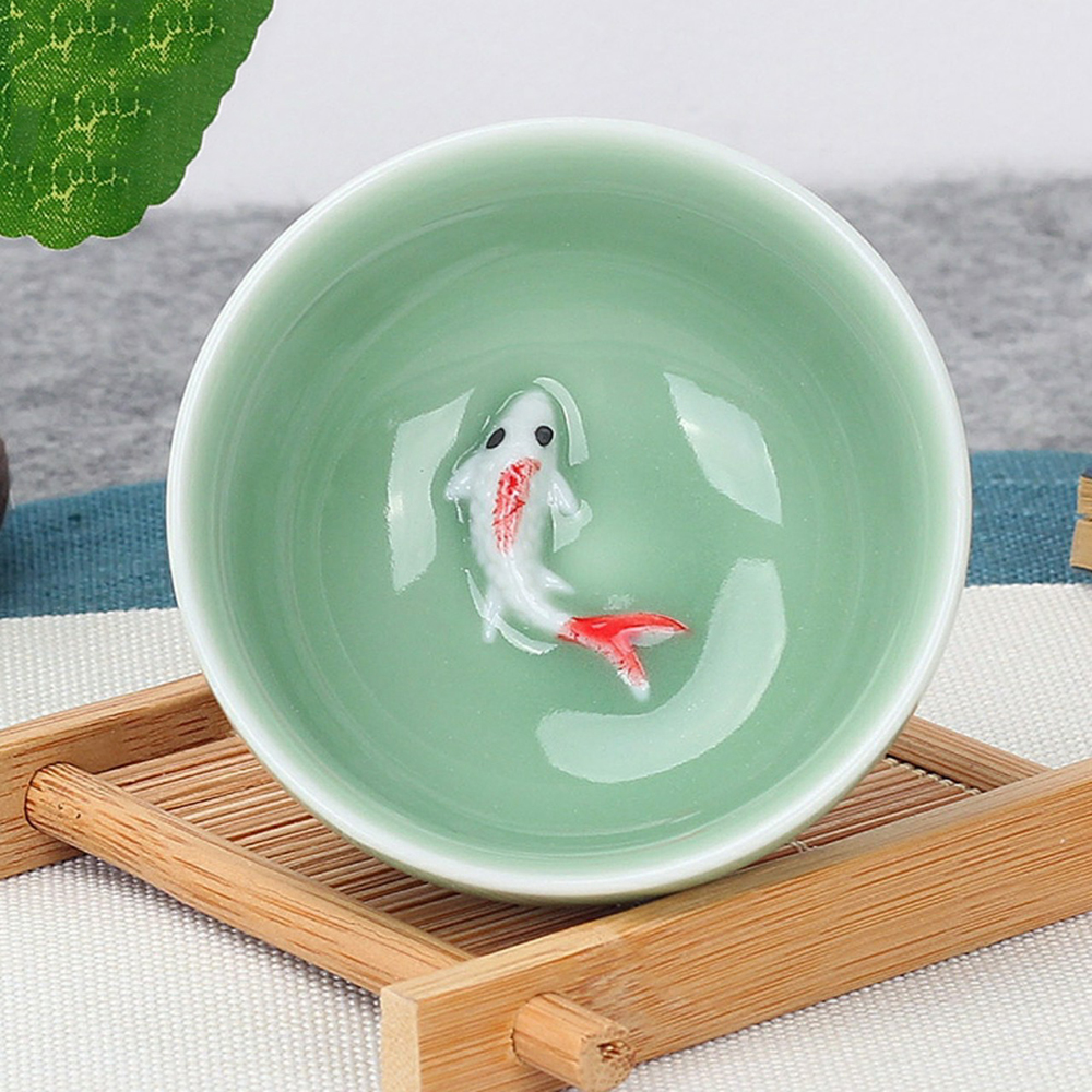 Chén trà gốm sứ cá chép 3d men ngọc