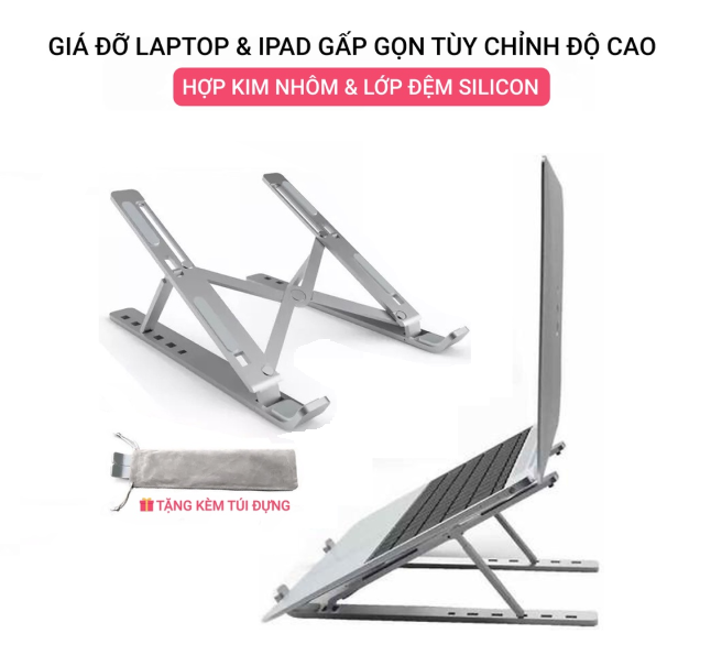 Giá đỡ laptop, macbook, ipad bằng nhôm có thể điều chỉnh được độ cao, đế tản nhiệt kê laptop nhôm