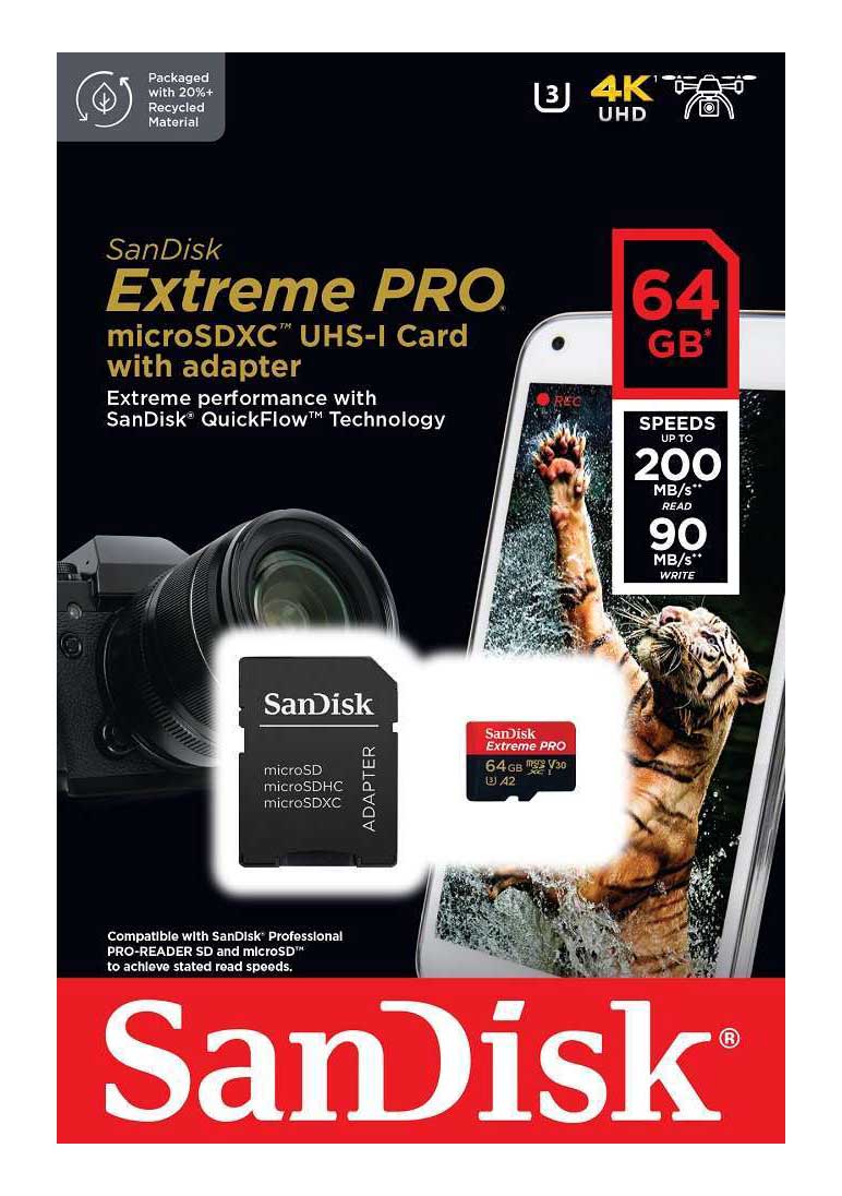 Thẻ nhớ MicroSDXC SanDisk Extreme PRO A2 - 64GB V30 U3 Class 10 UHS-I 200MB/s (SDSQXCU-064G-GN6MA)