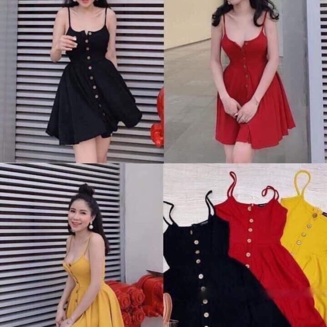 Đầm hai dây váy 2 dây đính cúc