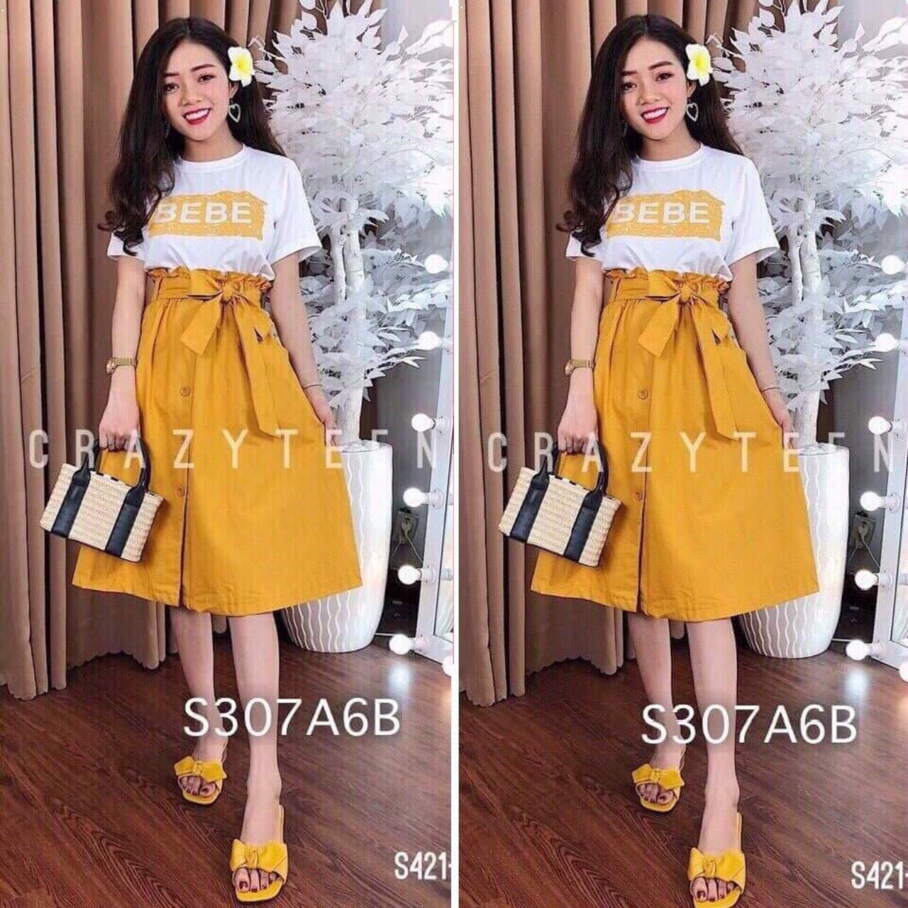 Set áo chân váy dày thắt nơ eo
