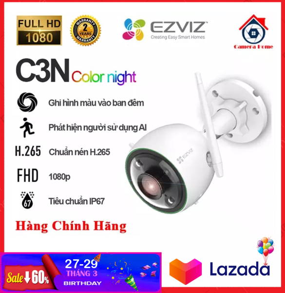 [NHÀ PHÂN PHỐI] Camera Wifi EZVIZ C3N Full HD 1080P, có màu ban đêm , không còi , có đèn báo động , báo động AI nhận dạng người và xe - Camera Home