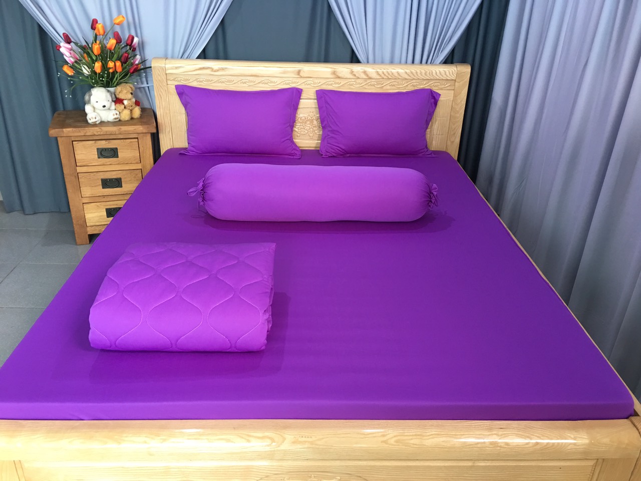 Bộ Ga Gối 4 Món Thun Lạnh Hàn Quốc Màu Tím - Chăn Ga Gối Thun Lạnh Hàn Quốc