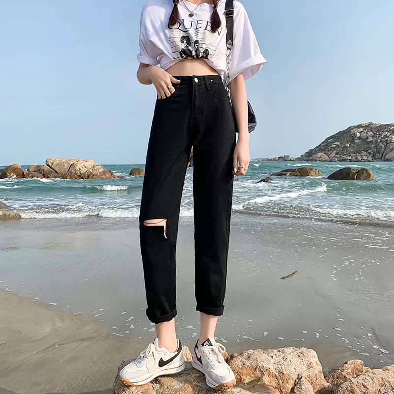 [HCM]Quần jean nữ 9 tấc big size phom baggy lưng cao co dãn mạnh màu đen tuyền 2976 - MoliJeans