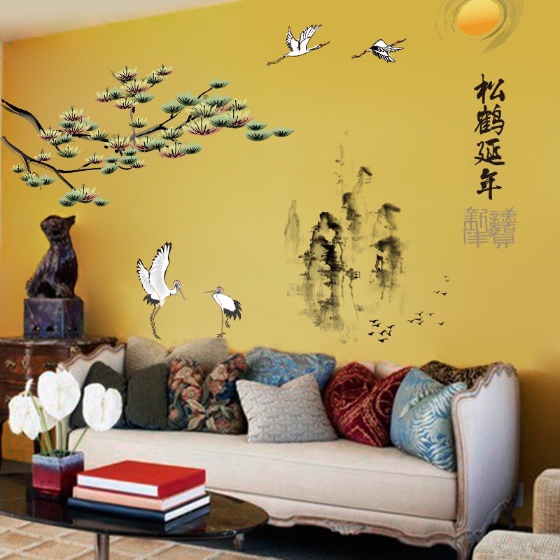Tranh dán tường 3D Tùng hạc diên niên [Size 130x100cm]
