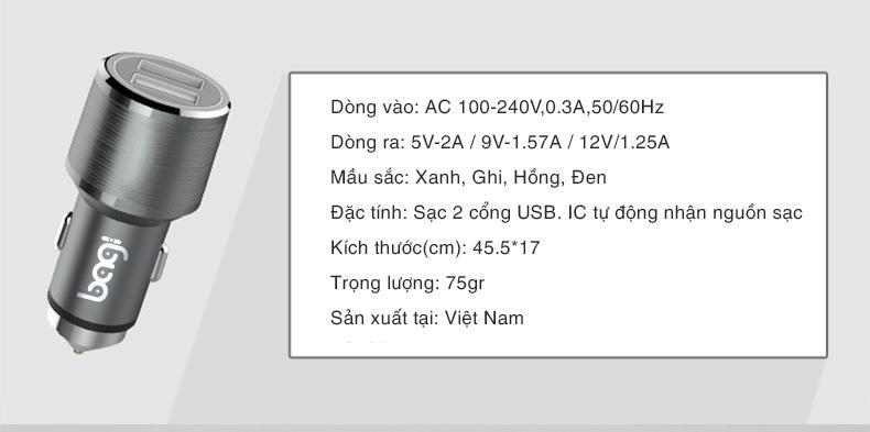 Sạc ô tô Bagi có sạc nhanh Qualcomm Quick Charge 3.0