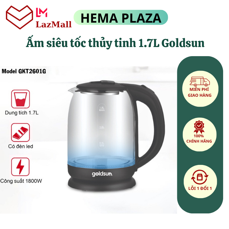 Ấm siêu tốc thủy tinh Goldsun 2601G