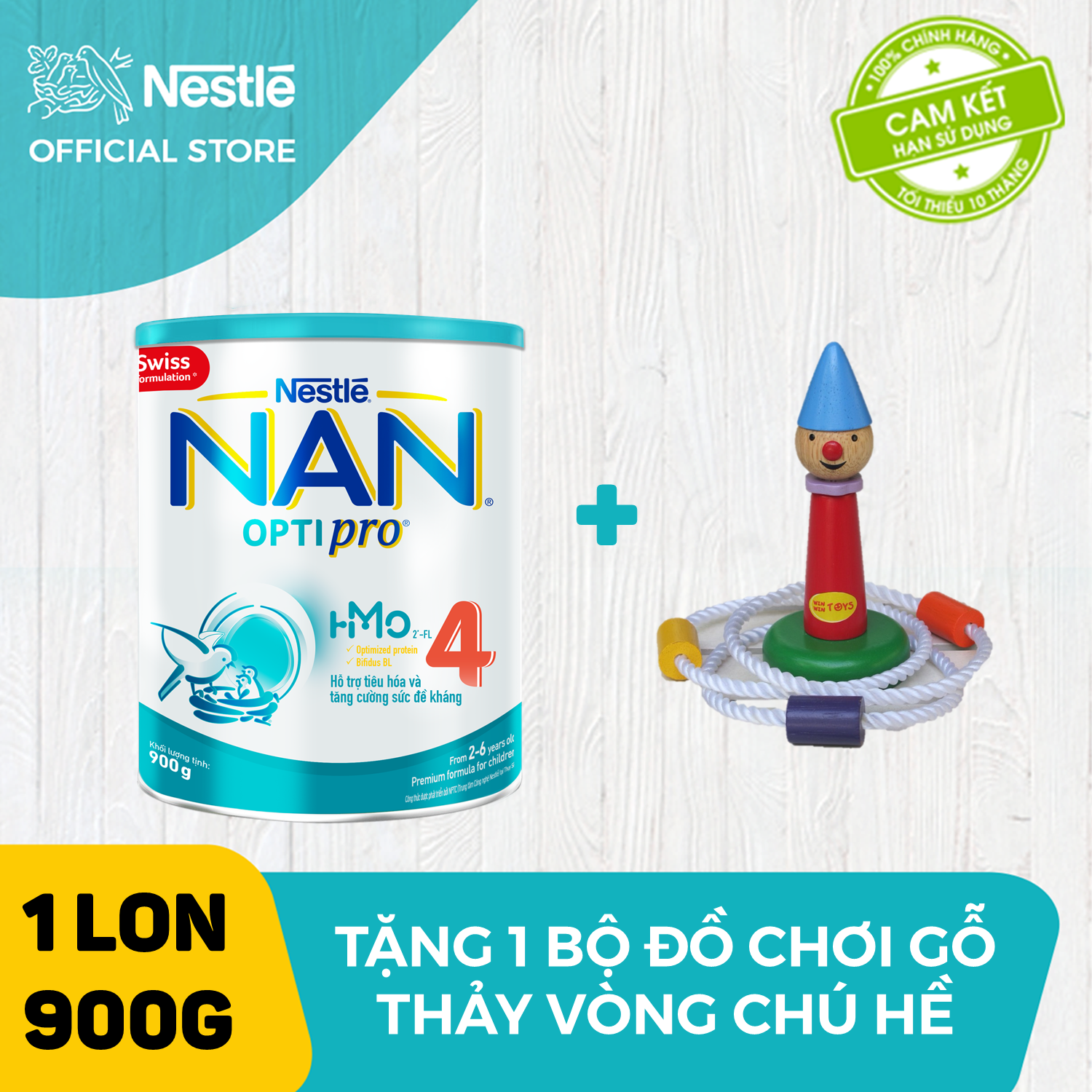 Sữa bột Nestle NAN Optipro 4 HM-O cho trẻ trên 2 tuổi 900g + Tặng 1 bộ Bộ đồ chơi gỗ thảy vòng chú hề