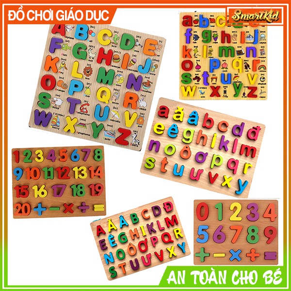 Bảng chữ cái số và phép tính bằng gỗ có hình ảnh cho bé