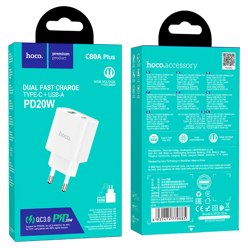 Củ sạc nhanh PD20W Hoco C80A Plus cổng Type-C / USB hỗ trợ QC3.0 chân tròn