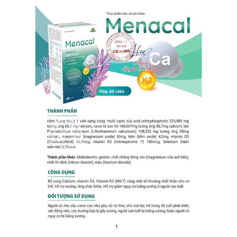 Menacal - Canxi từ tảo biển và san hô (Hộp 60 viên)
