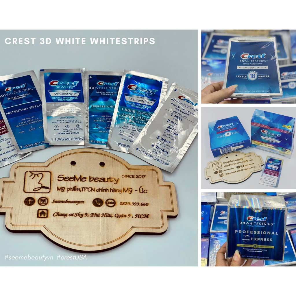 Miếng dán trắng răng Crest 3D White - Mỹ (Professional Effects/ Supreme Flexfit/ Glamorous/ 1 hour) Seeme Beauty