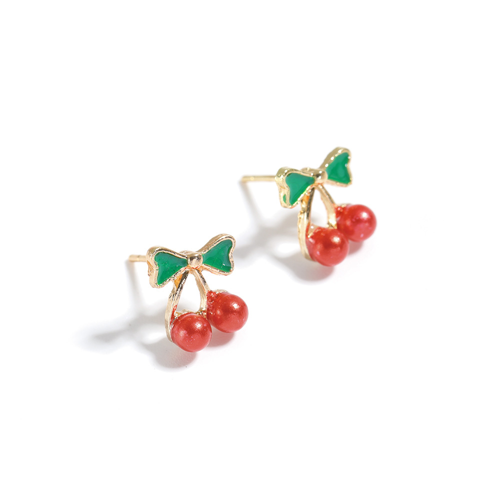 Khuyên tai bông tai nụ sát tai hình quả cherry mini gắn nơ xinh xắn dễ thương màu đỏ nổi bật dễ sử dụng tiện lợi cho nữ phong cách Hàn Quốc KT-35