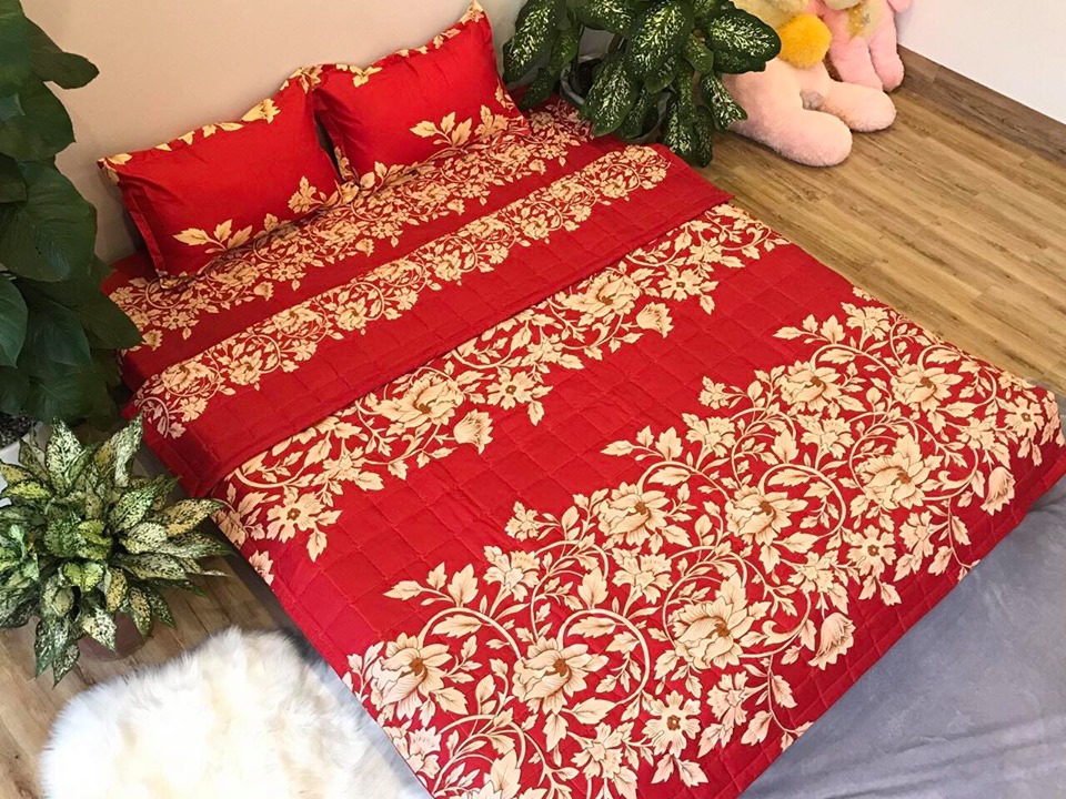 Bộ Chăn Ga Gối Cotton Poly , Hoa Dây Đỏ, Chất Liệu Thoáng Mát , Kích Cỡ Đa Dạng , By. Gòn