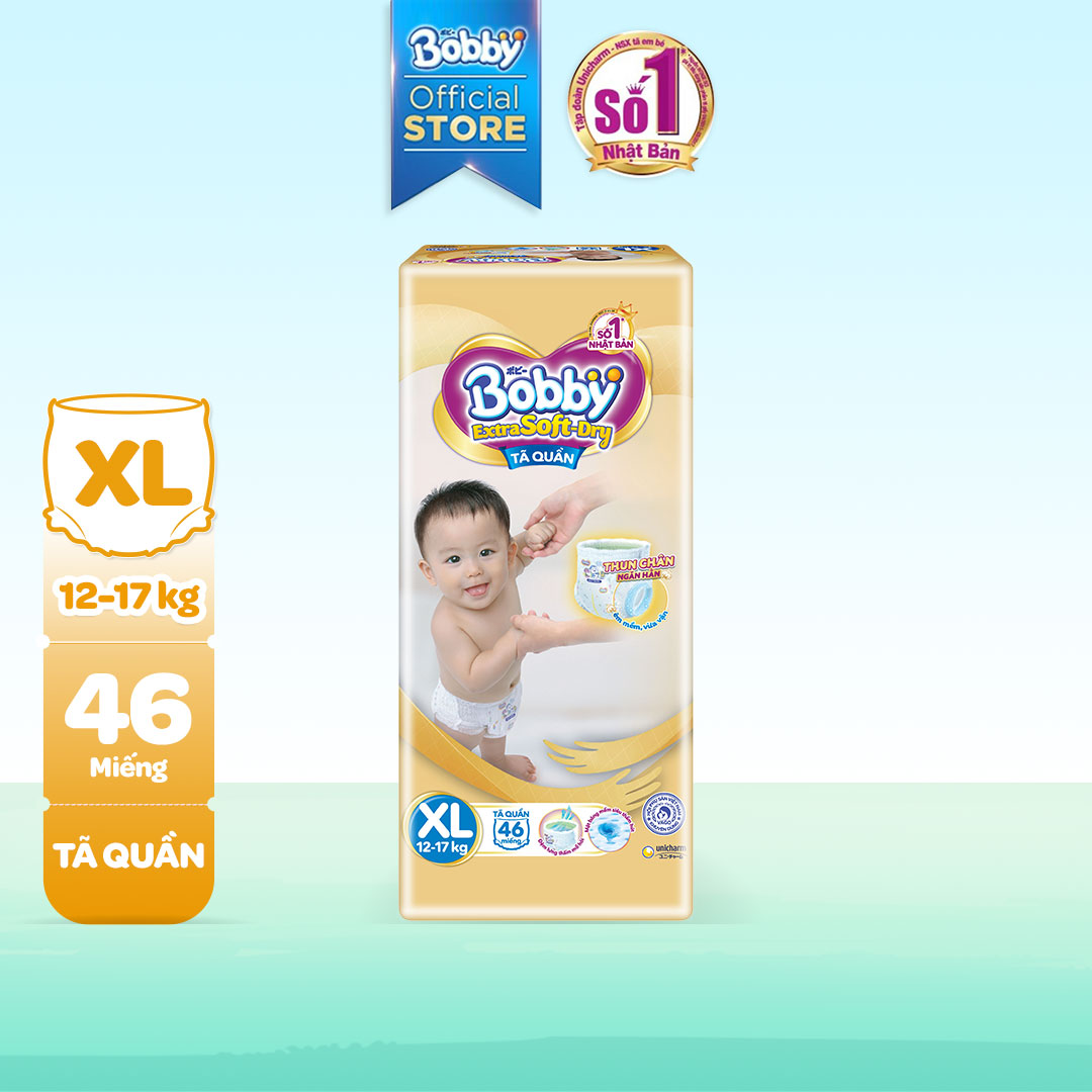 Tã/Bỉm quần cao cấp Bobby Extra Soft Dry thun chân ngăn hằn Super Jumbo XL46