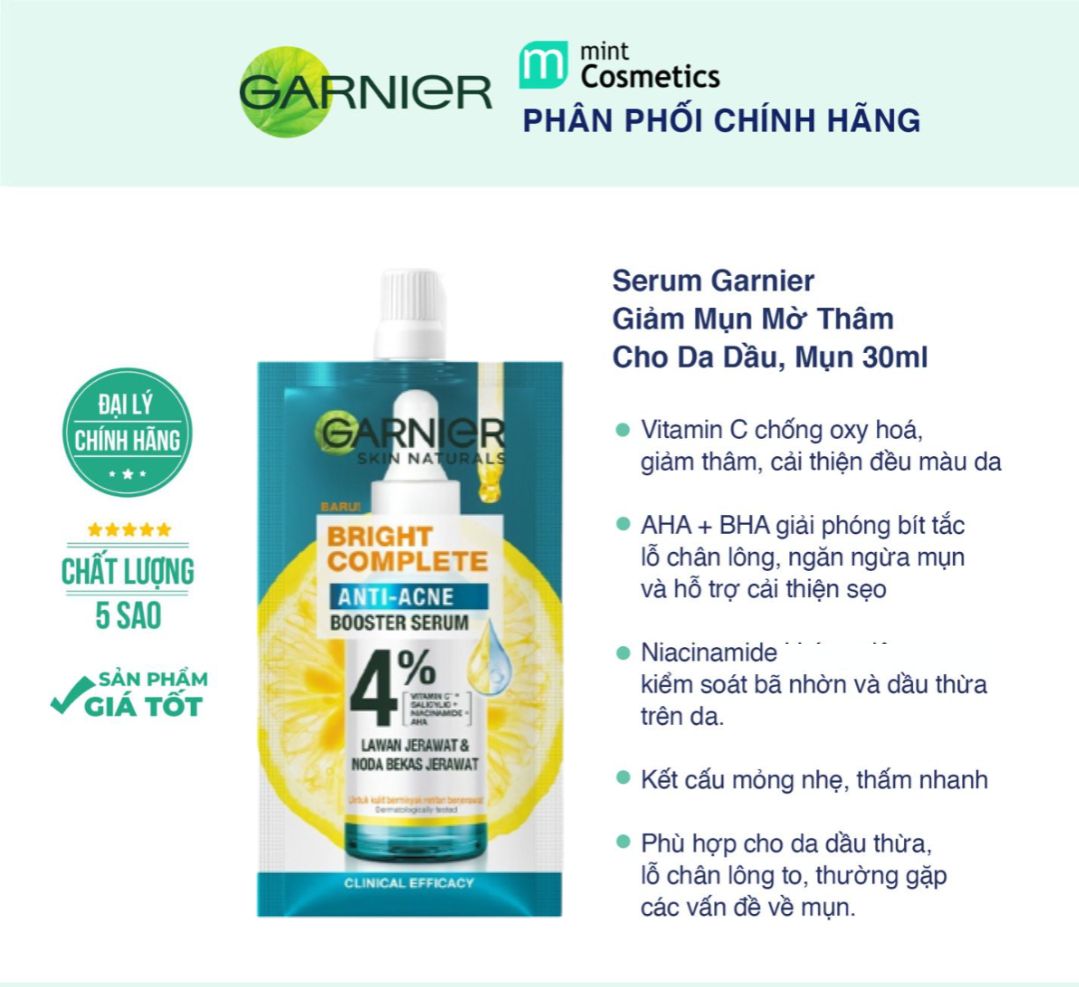 Tinh chất Garnier Bright Complete Anti Acne Booster 4% 7,5ml