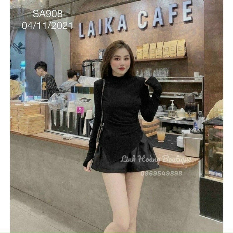 Áo thun gân tay dài cổ tròn dáng ôm phối tà đuôi xéo nhọn ttsla0870