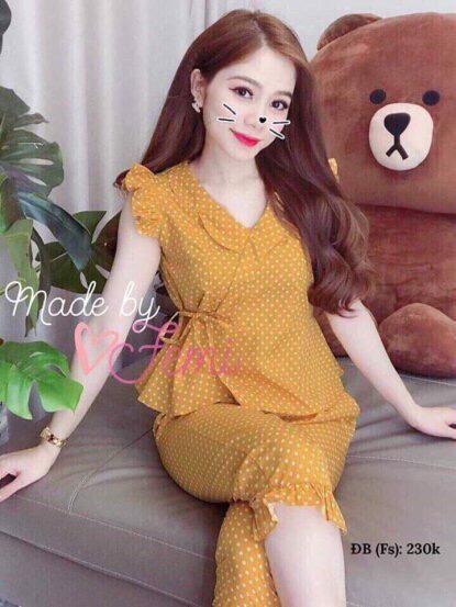 Sét Đồ Bộ Chấm Bi Áo Cánh Tiên Nhúng Eo & Quần Lửng Phù Hợp Mặc Nhà Dạo Phố tt 0619