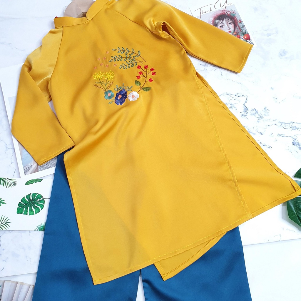 Áo Dài Mẹ Bé Lụa Mát Lịm Thêu Hoa Điệp Phi