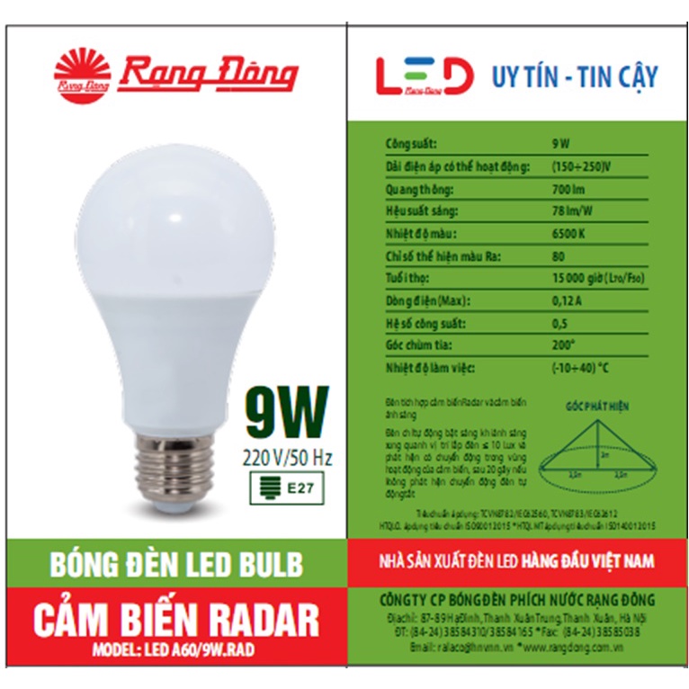 Đèn LED Bulb cảm biến radar 9W Rạng Đông