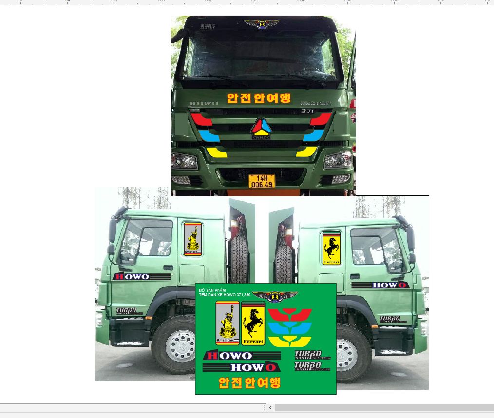 (sale sốc) Bộ Decal tem trang trí xe tải howo 371,380
