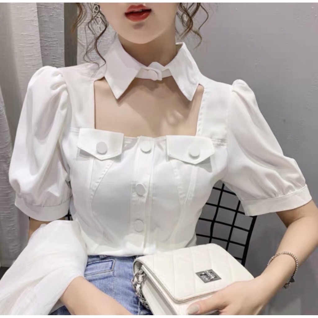 áo sơ mi kiểu cut out phần cổ ( CÓ KÈM ẢNH THẬT)