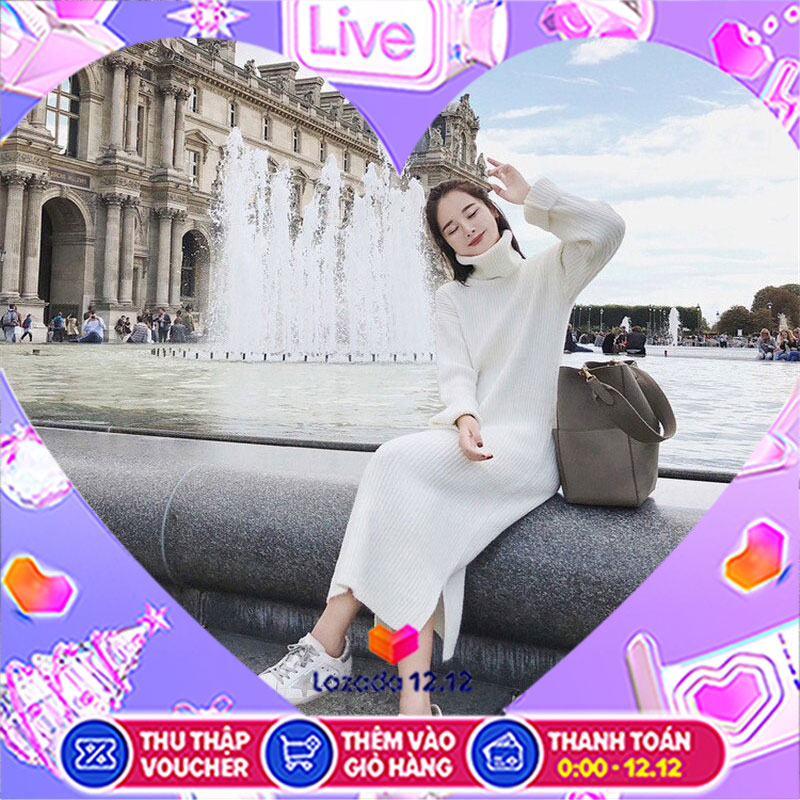 [hcm][đầm nữ áo chui đầu dài tay cổ lọ dệt kim thời trang thu đông] đầm cổ lọ nữ màu trắng