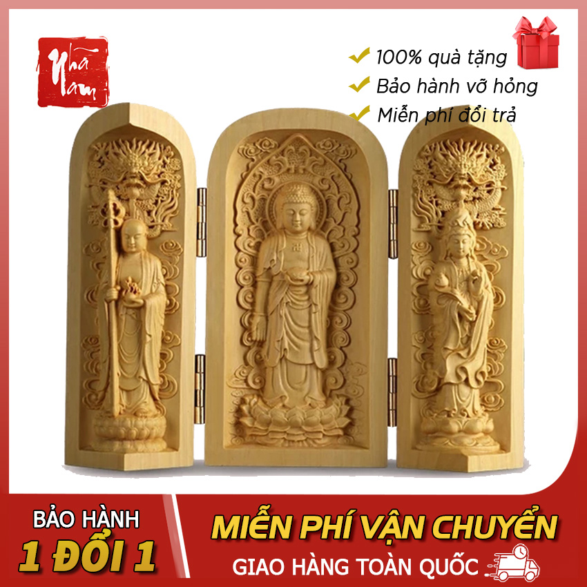 Hộp 3 tượng phật bằng gỗ, phật như lai, phật quan âm, phật địa tạng - Phong thủy Nhã Nam, hộp 3 tượng phật gỗ hoàng dương