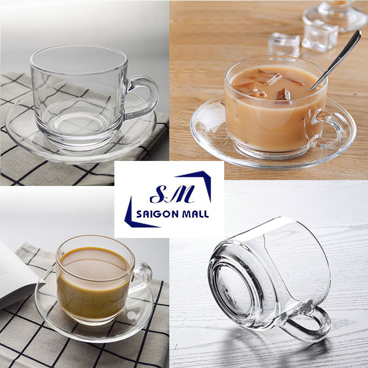 Bộ 6 ly 6 tách dĩa cafe gồm 6 ly quai thuỷ tinh trơn và 6 dĩa thuỷ tinh trơn cao cấp