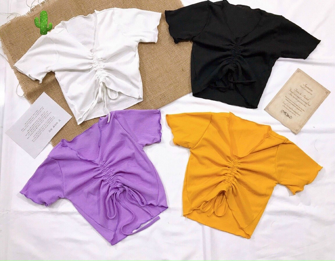 Áo thun kiểu áo thun gân cổ v cuốn biên áo thun tay ngắn áo thun croptop form 45kg