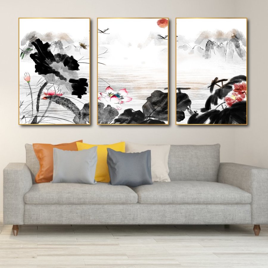 LaLaShop - Bộ 3 tấm tranh treo tường phòng khách tranh hoa sen phật treo tường có khung gỗ set 3 tấm tranh treo tường treo phòng thờ decor phòng khách tranh 3d hiện đại